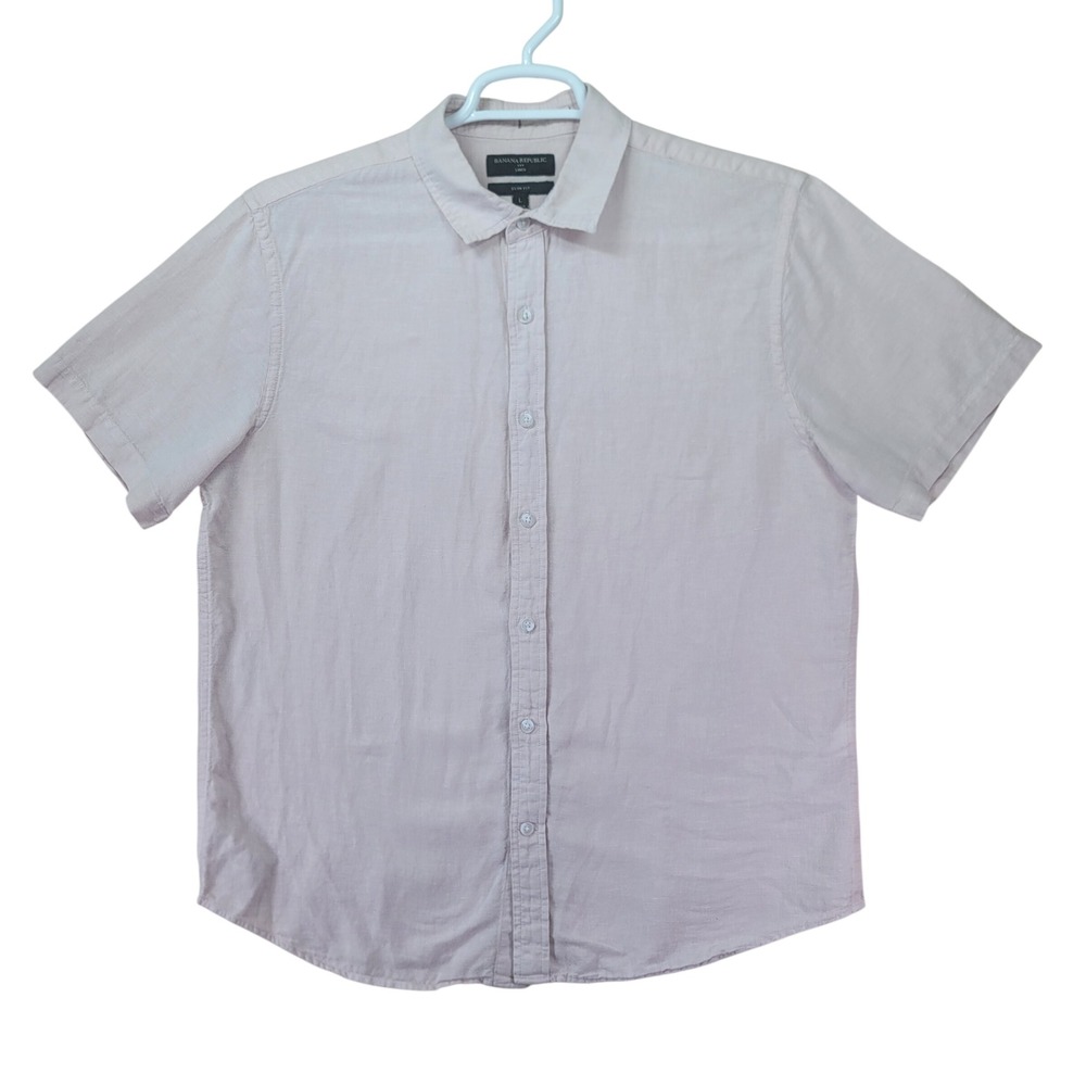 Banana Republic Mens L Slim Fit Linen Blend Short Sleeve Button Down Pink Shirt
